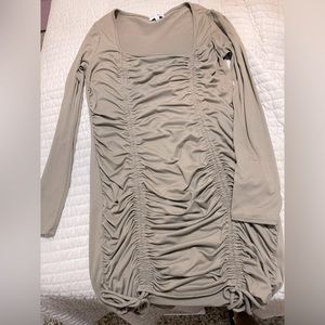 Sage green short dress, ruched front with ties